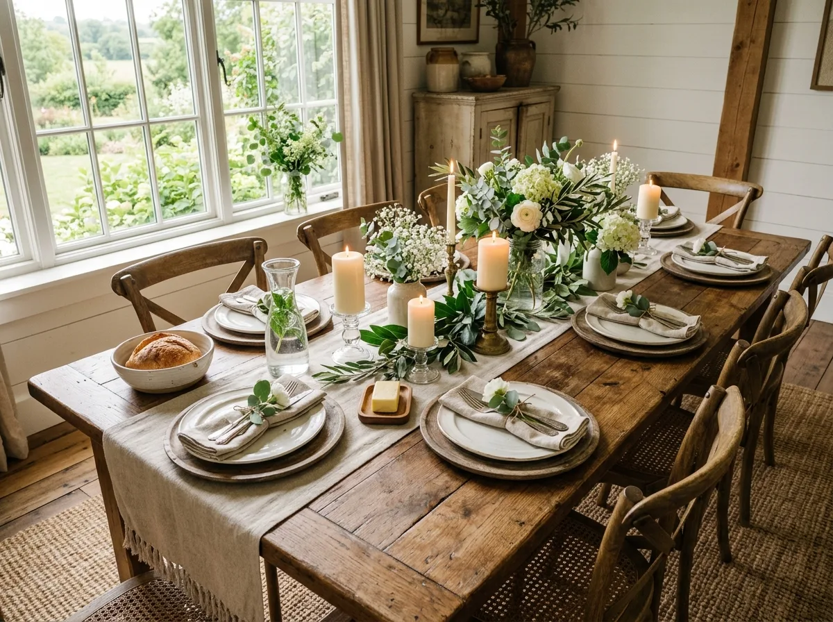 Farmhouse Dining Table with Subtle Green Accents for 10 rustic farmhouse st. patrick's day decor ideas